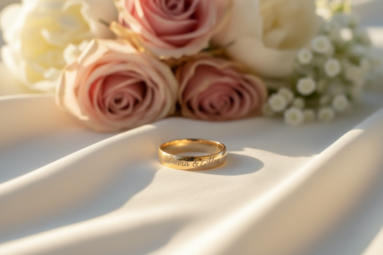 Close-up photo of a personalized couple ring on a soft fabric, with subtle flowers in the background. Warm, soft light, elegant, minimalistic style. The image should feel romantic, delicate, and luxurious.
