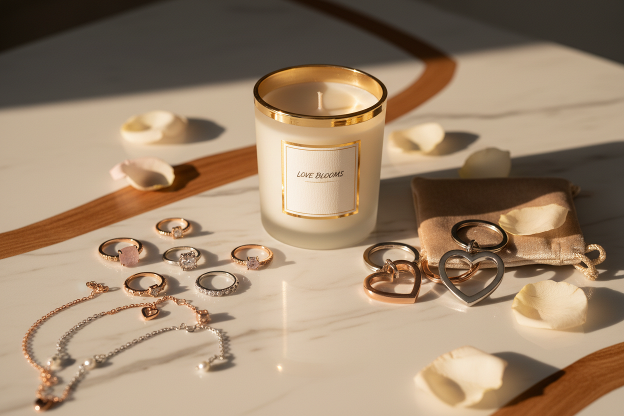 Elegant arrangement of multiple small romantic gifts on a marble or wooden surface: candle, rings, bracelets, keychains. Soft, warm lighting, minimal background, luxurious yet cozy. Designed to evoke romance, love, and premium feel.
